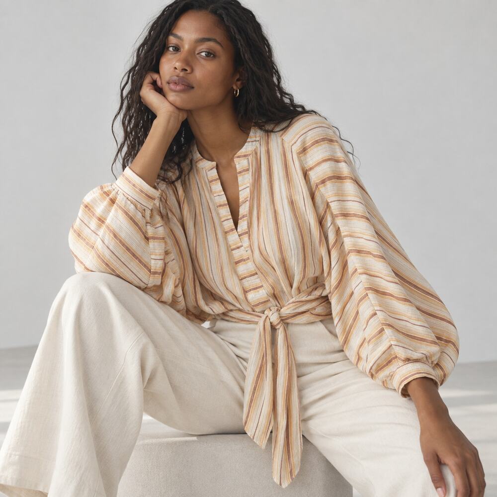 NWT Anthropologie Dolman Gauze Striped Tie Front Orange/Cream Blouse Top XS
